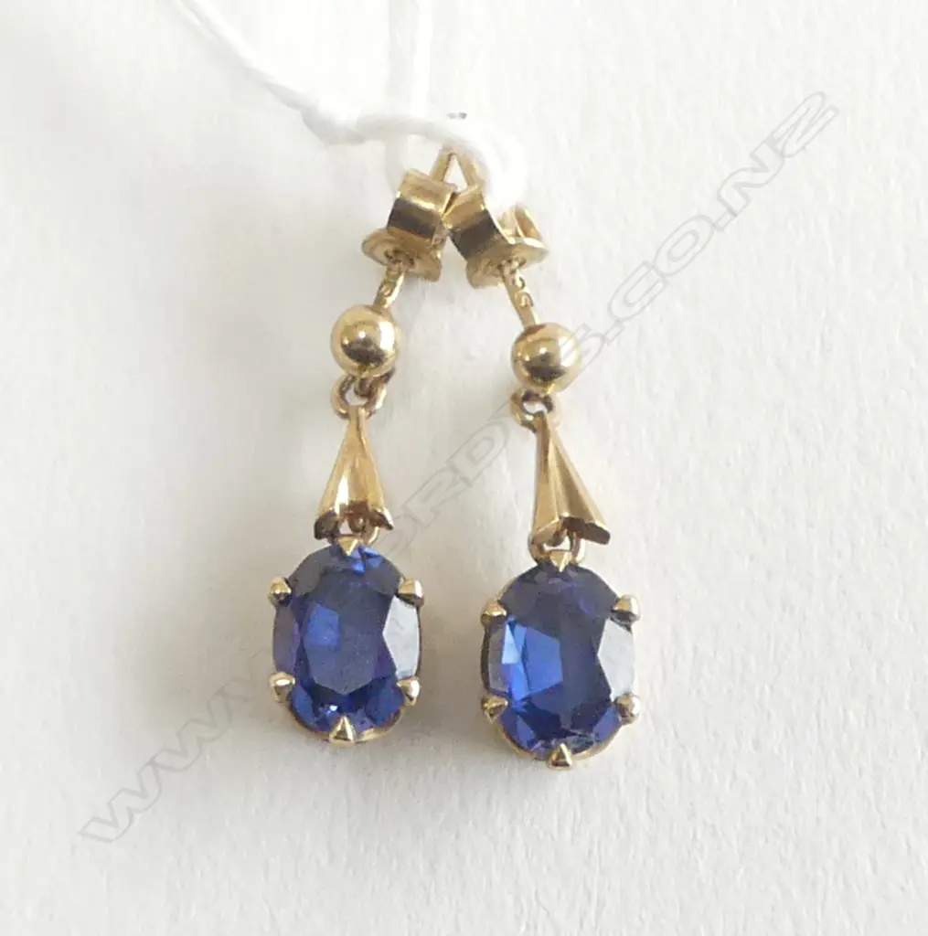 PR 9ct GOLD & BLUE STONE DROP EARRINGS 2.68gms Image 1++