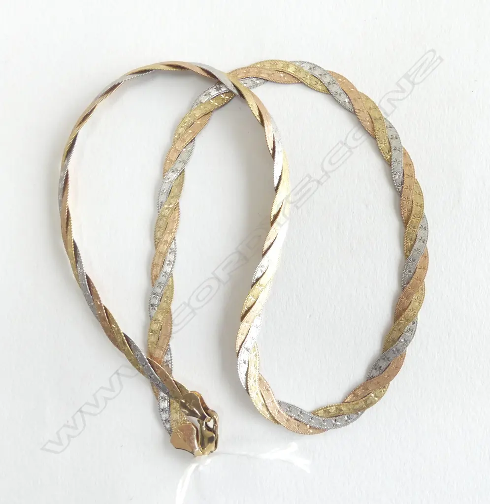 vintage ITALIAN 9ct 3 COLOUR GOLD FLAT PLAITED NECKLACE 11.95gms Image 1++