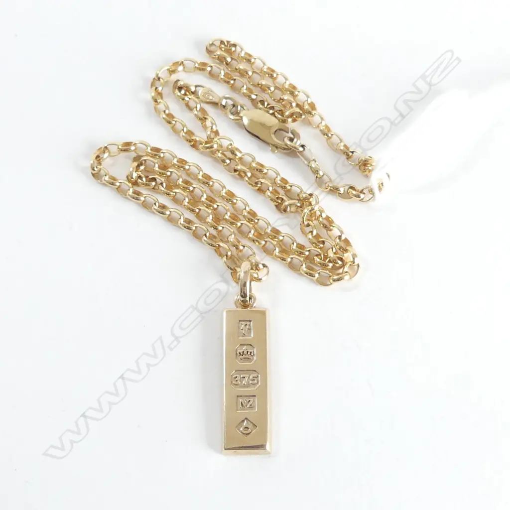 9CT INGOT PENDANT ON 9CT CHAIN 16.0gms w. valuation Image 1++