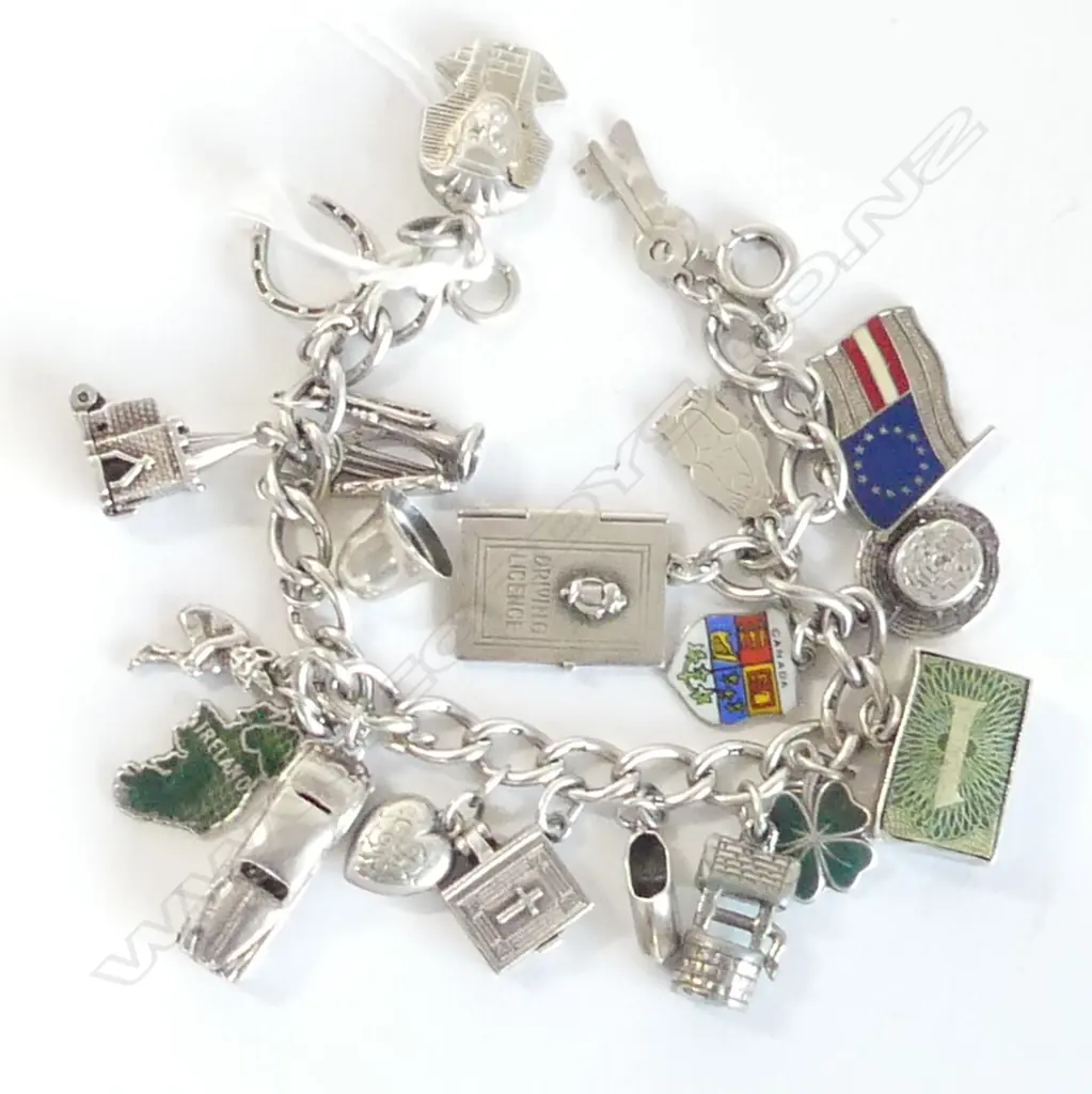 SILVER CHARM BRACELET W $1 banknote + car that opens + Irish harp Image 1++