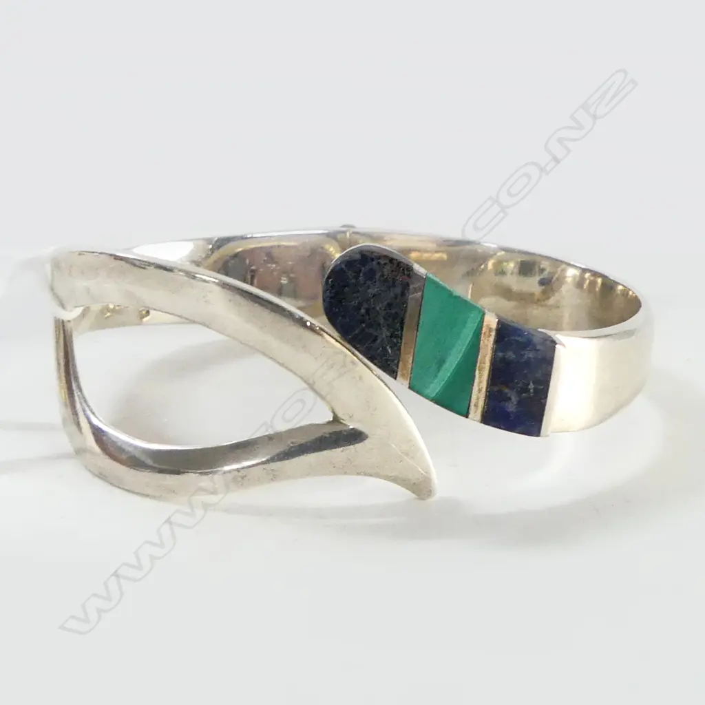 MEXICAN SILVER DESIGNER HINGED BANGLE W LAPIS & MALICHITE PANELS Image 1++