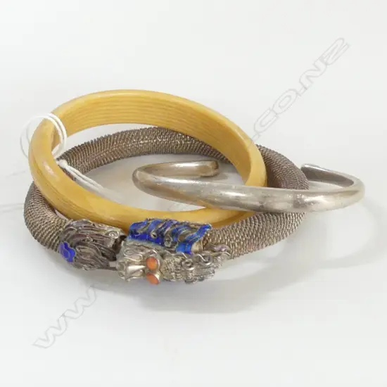 3 BANGLES; STG CUFF, ORIENTAL DRAGON, IVORINE