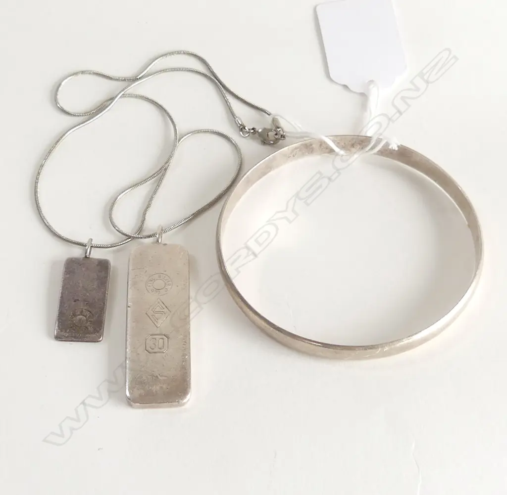 2 .99 SILVER INGOTS 34.7gms ON CHAIN + STG SILVER BANGLE 22.2gms Image 1++
