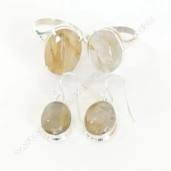 2 GOLDEN RUTILE RINGS + PR EARRINGS