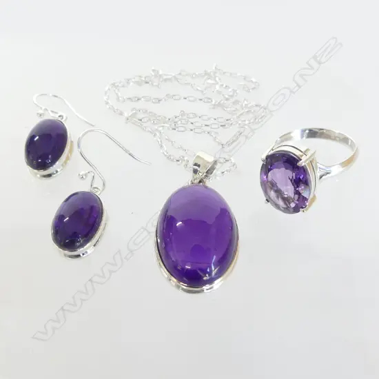 STG & AMETHYST SUITE: RING, PENDANT, PR EARRINGS