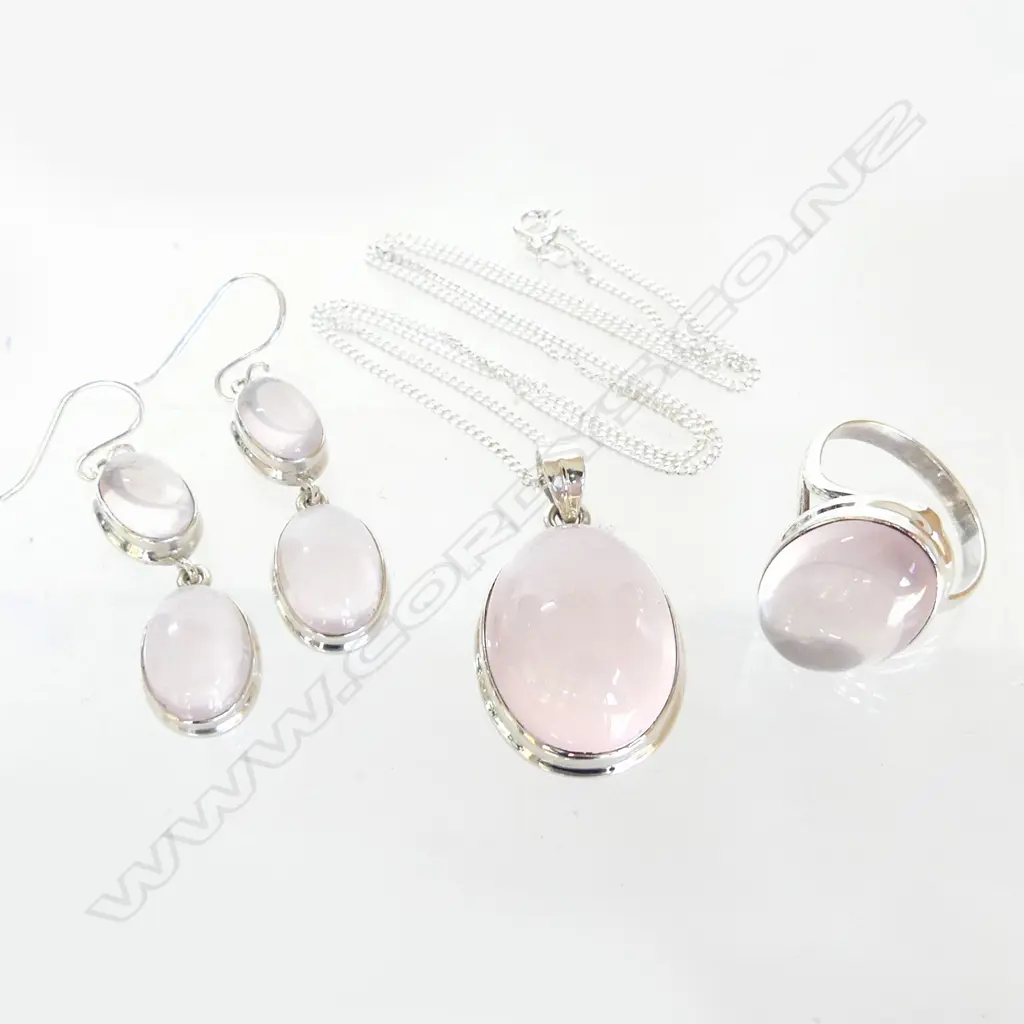 STG & ROSE QUARTZ SUITE: RING, PENDANT, PR EARRINGS Image 1++