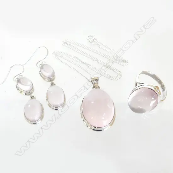 STG & ROSE QUARTZ SUITE: RING, PENDANT, PR EARRINGS