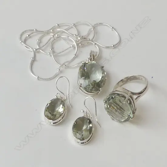 STG & GREEN AMETHYST SUITE: RING, PENDANT, PR EARRINGS
