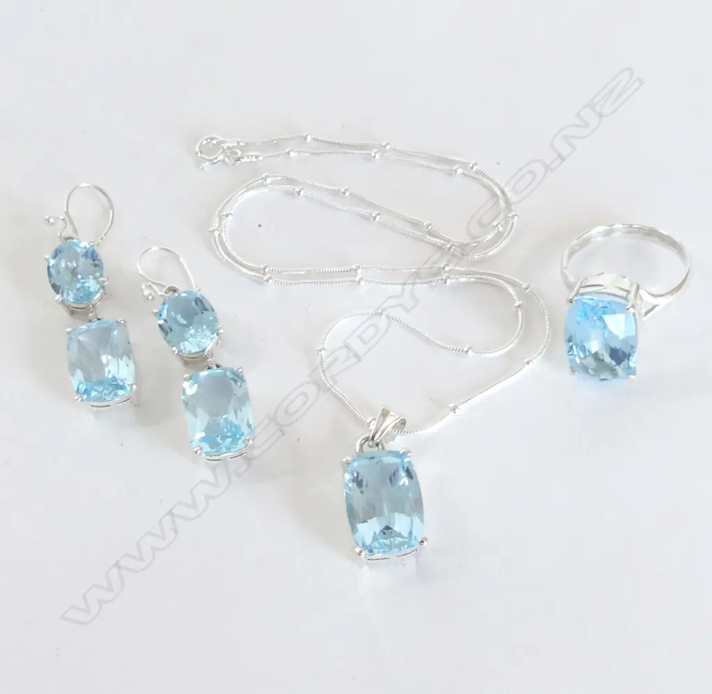 STG & BLUE TOPAZ SUITE: RING, PENDANT, PR EARRINGS Image 1++