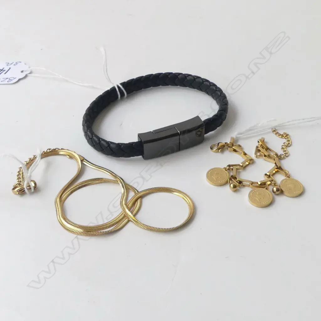 3 PC; ROPE BRACELET w USB CHARGE CABLE (type C), GOLD COLOURED BRACELET w COINS  & SNAKE CHAIN Image 1++