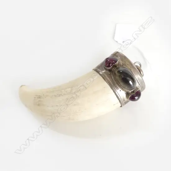LARGE SPERM WHALES TOOTH SILVER CAPPED WITH GREEN/PINK TOURMALINE CABACHONS SUSPENSION RING TO WEAR AS PENDANT L120mm
