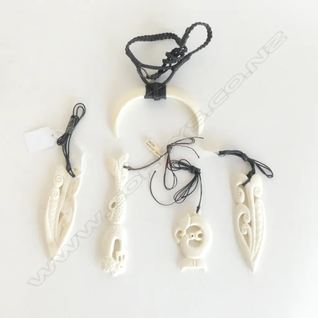 5 NECKLACES, 4 CARVED BONE PENDANT & TUSK NECKLACE, ALL NEW Image 1++