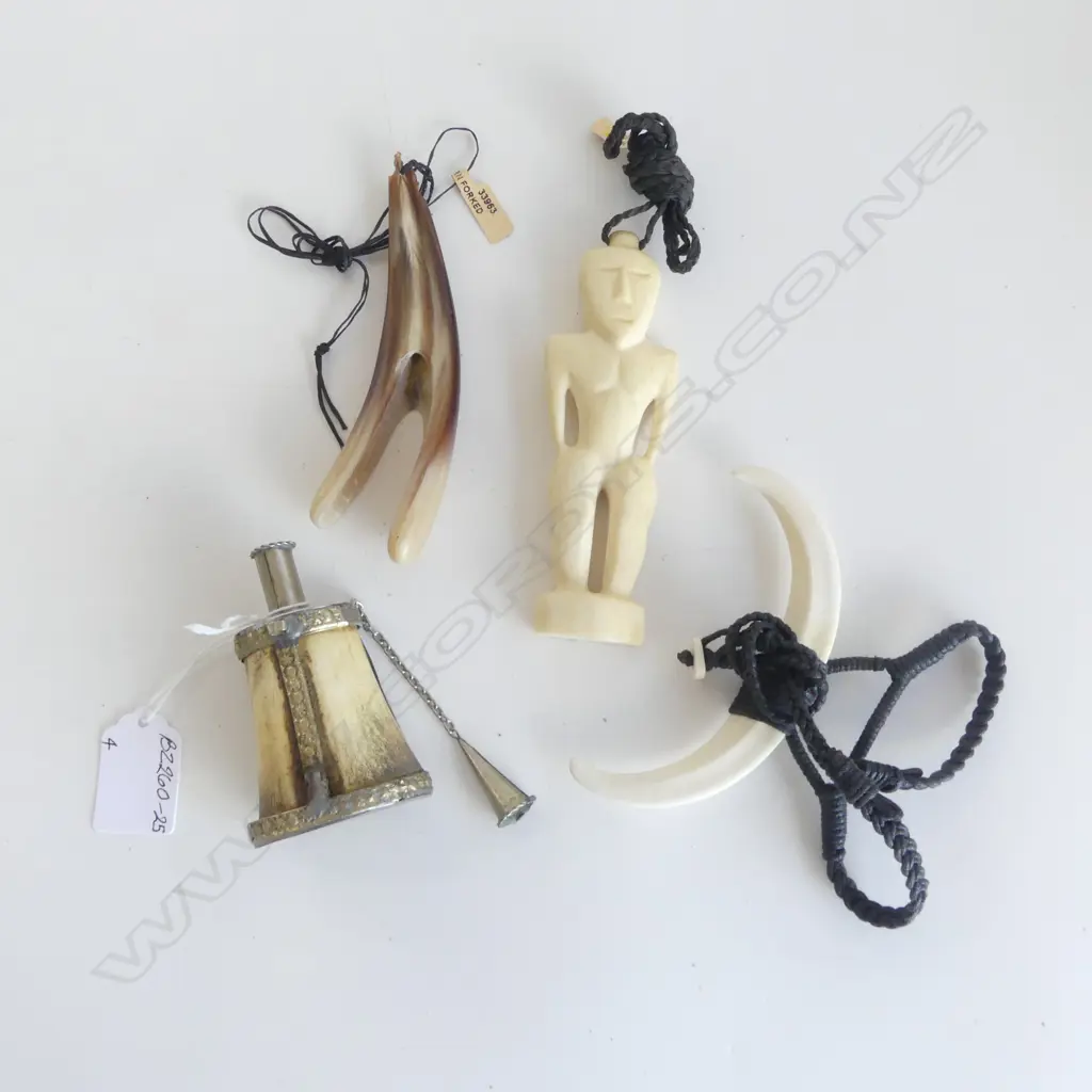 4 ITEMS, 3 NECKLACES, TONGAN WHALE BONE FIGURE, BULL HORN, TUSK & SML DECORATED ANTLER VESSEL  Image 1++