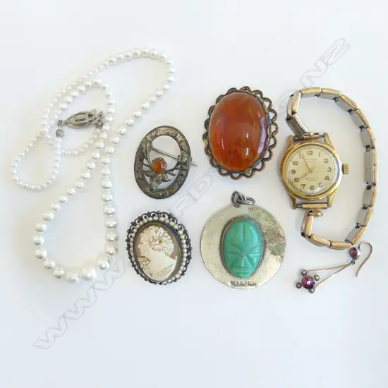 ASST MAINLY COSTUME JEWELLERY+ 9CT EARRING + AZTEC BROOCH + STG SCOTTISH BROOCH ETC 