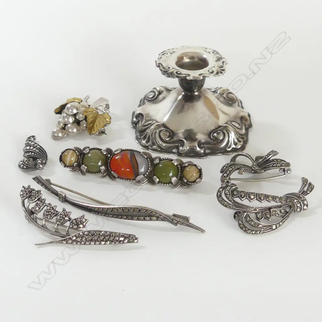 7 STG SILVER BROOCHES 44.1gms + GP WATCH CHAIN + EP CANDLEHOLDER Image 1++