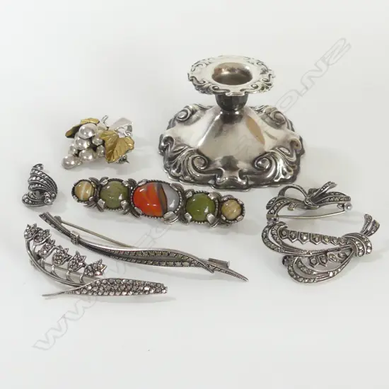 7 STG SILVER BROOCHES 44.1gms + GP WATCH CHAIN + EP CANDLEHOLDER
