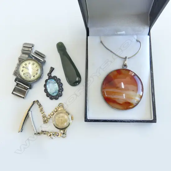 LGE AGATE DISC & SILVER PENDANT NECKLACE + 2 WRISTWATCHES + SILVER & FACETTED BLUE STONE PENDANT + pounamu pendant