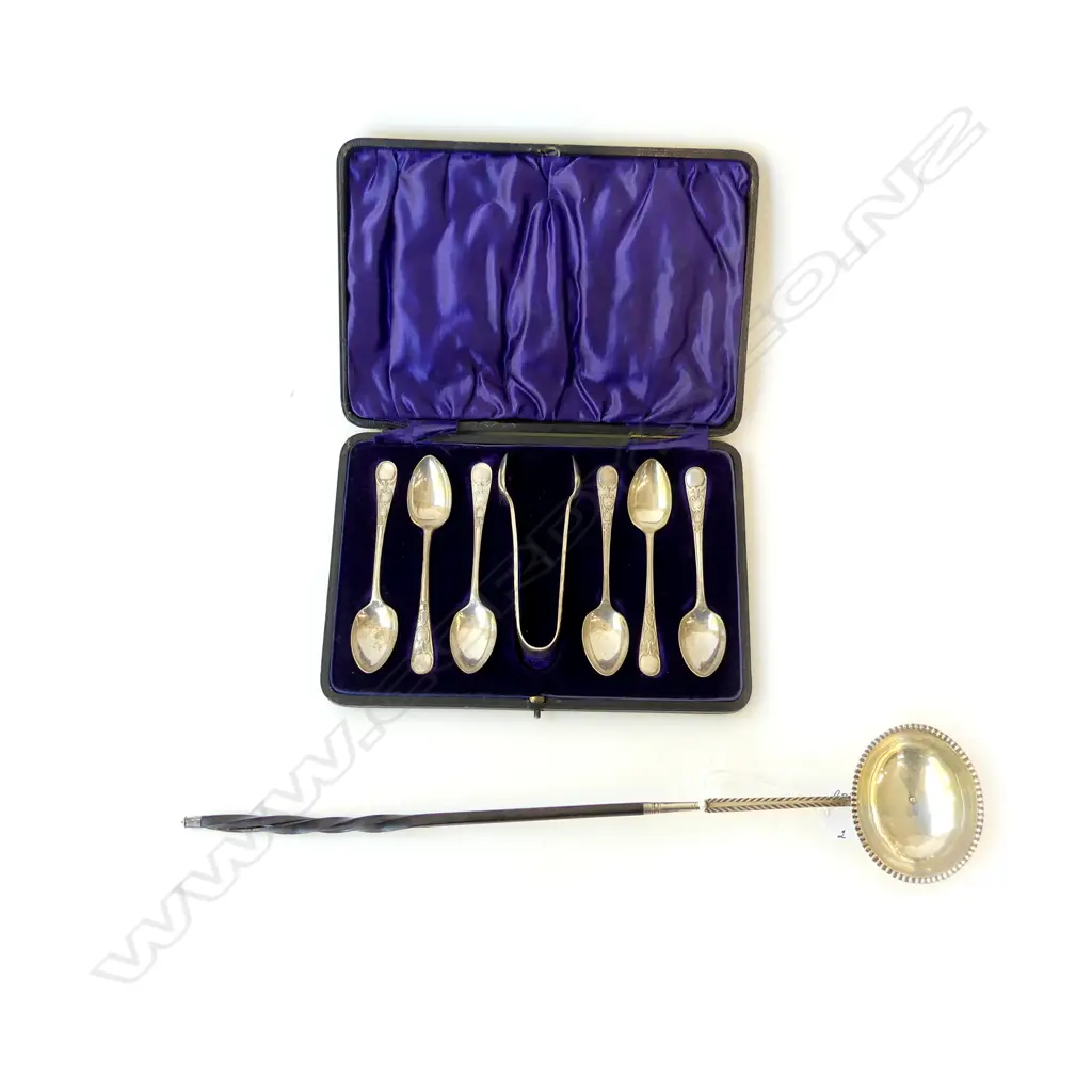 SET ART NOUVEAU TEASPOONS & SUGAR TONGS, EPNS WRN & SON & GEORGIAN SILVER TODDY LADLE Image 1++