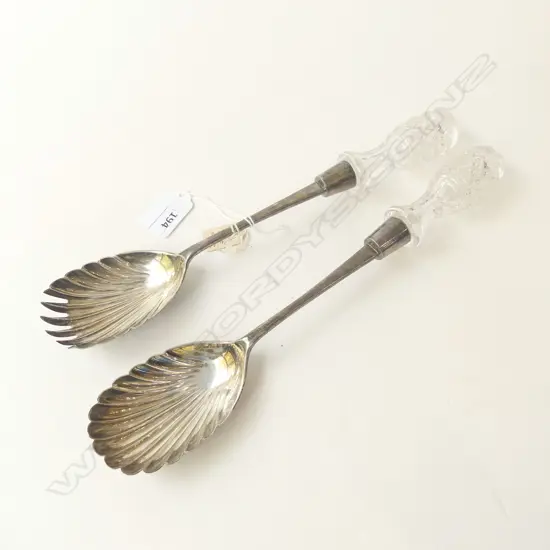 PR STG SILVER TONGS w. CRYSTAL FINIALS, SHEFFIELD 1893 L.290mm