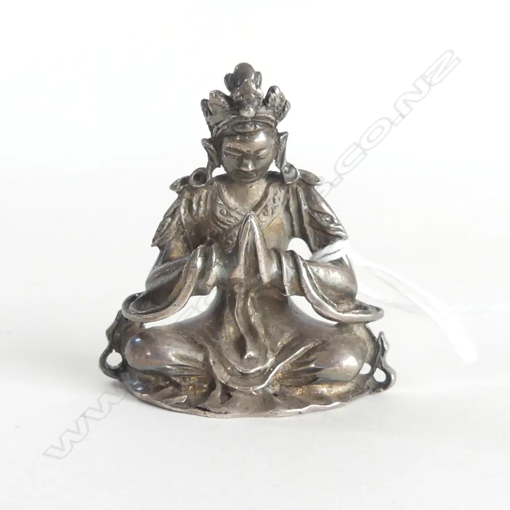 OLD EASTERN probably SILVER small SEATED PRAYING BUDDHA signed 6 character mark to reverse. EX. J & M STEPHENS Image 1++