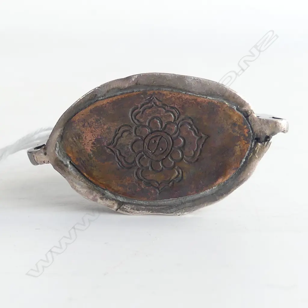OLD EASTERN probably SILVER small SEATED PRAYING BUDDHA signed 6 character mark to reverse. EX. J & M STEPHENS Image 1++