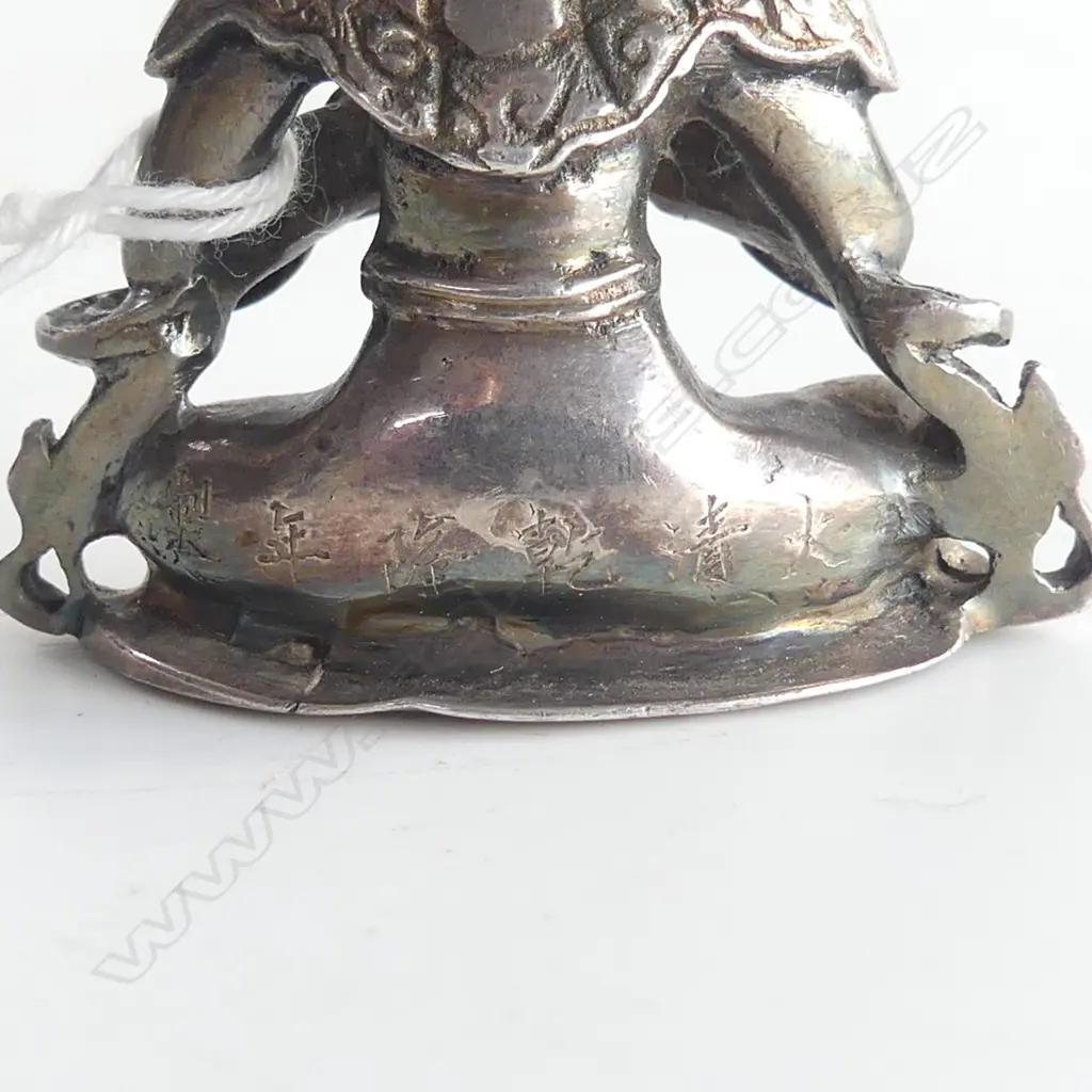 OLD EASTERN probably SILVER small SEATED PRAYING BUDDHA signed 6 character mark to reverse. EX. J & M STEPHENS Image 1++