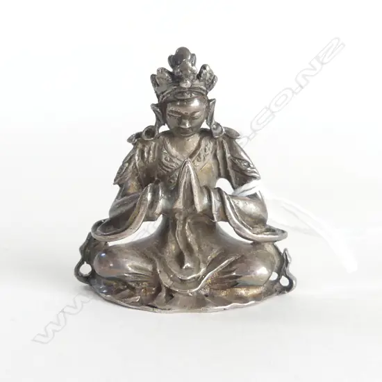 OLD EASTERN probably SILVER small SEATED PRAYING BUDDHA signed 6 character mark to reverse. EX. J & M STEPHENS