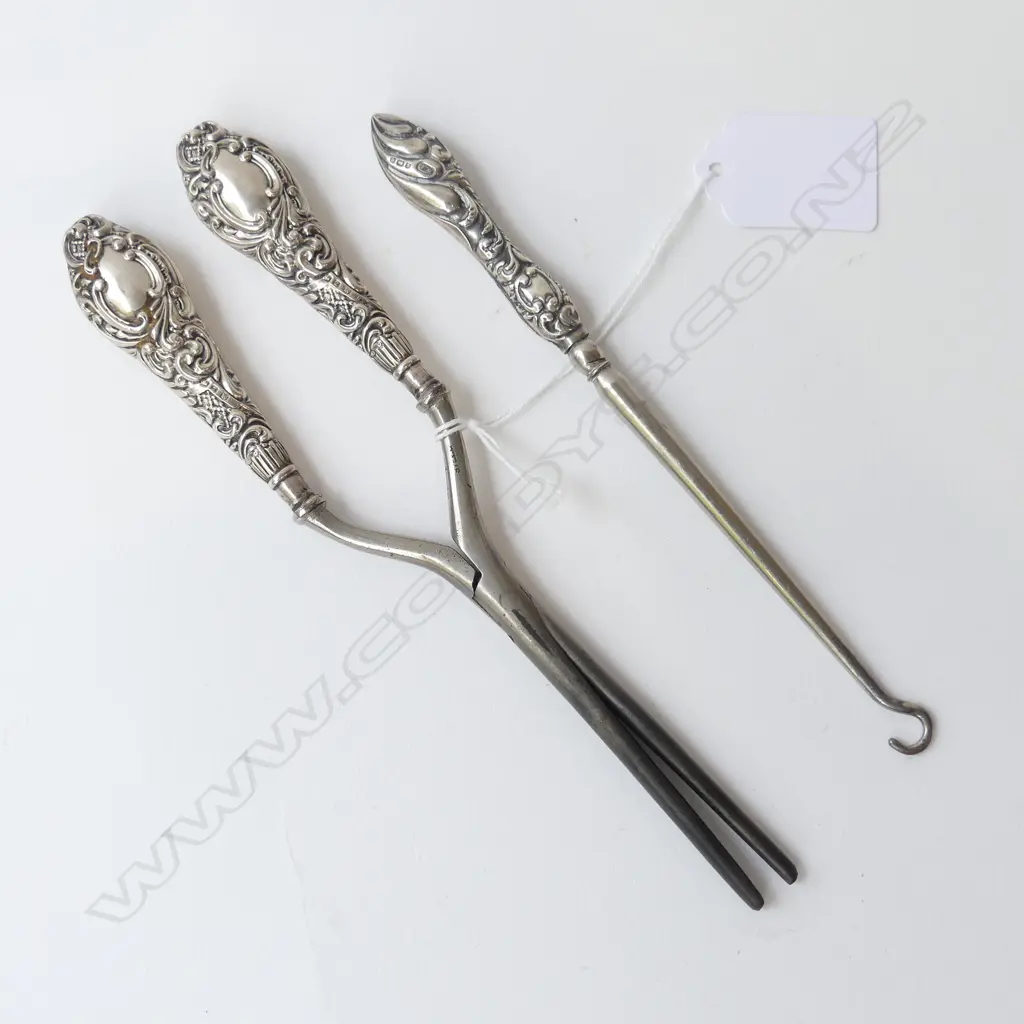 STG SILVER GLOVE STRETCHERS & BUTTON HOOK BIRMINGHAM 1899 & 1904 L.19CM & 16CM Image 1++