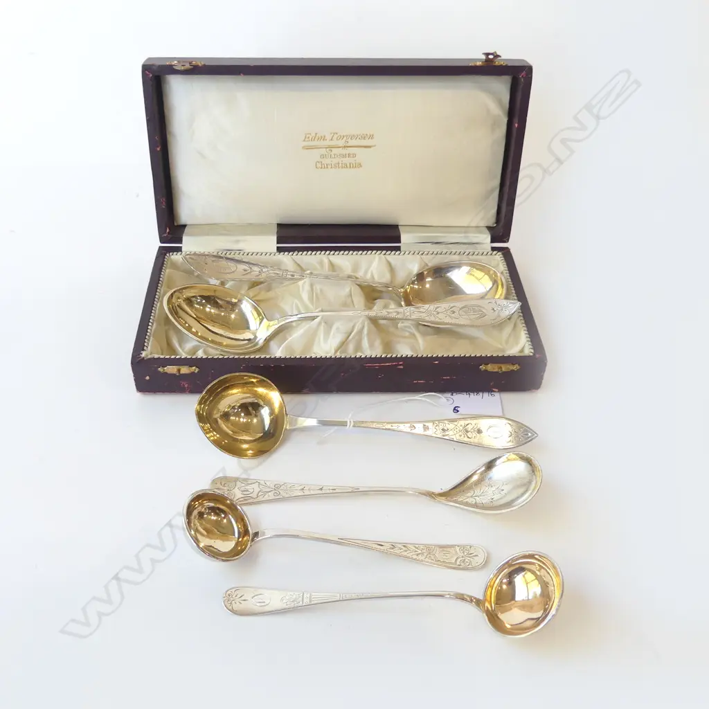6 TORGERSEN 830 SILVER SPOONS w. GILT BOWLS 249gms IN ORIG. CASE Image 1++