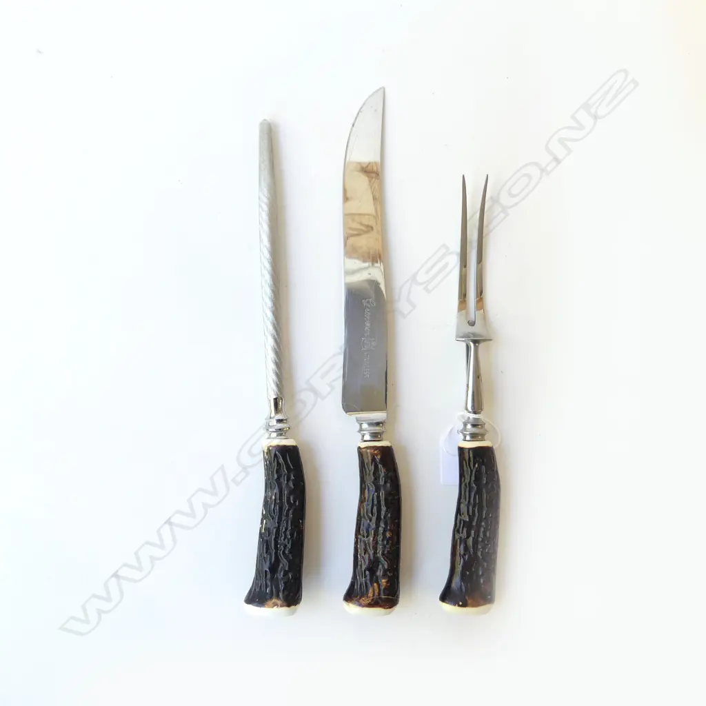 VINTAGER FAUX ANTLER 3PC CARVING SET KNIFE, FORK & STEEL BY GROSVENOR UK L.31CM Image 1++