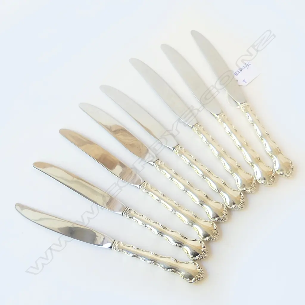 8 SILVER handled DINNER KNIVES BY REED & BARTON STAMPED “REED & BARTON MIRRORSTELE STERLING HANDLE” EXCELLENT CONDI Image 1++