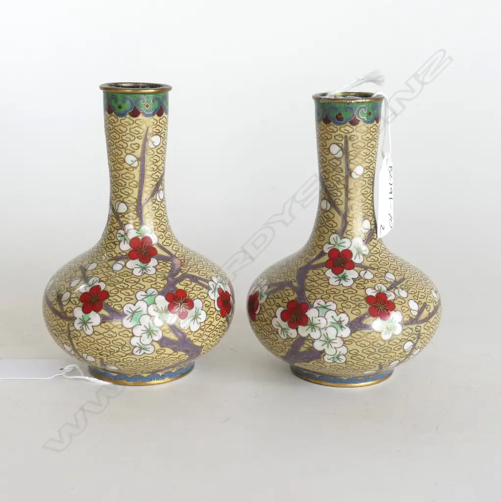 TWO OLD CLOISONNE VASES WITH BLOSSOM DECORATION. 80X130mm Image 1++