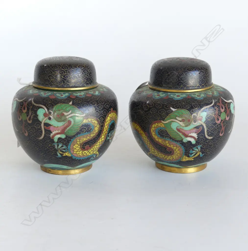 TWO LIDDED CLOISONNE OLD GINGER JARS, DRAGON DECORATION. 90X90mm Image 1++
