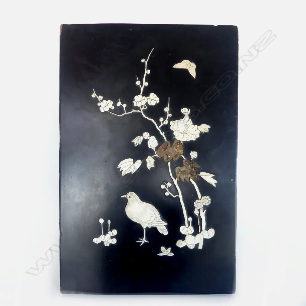 RTV JAPANESE BLACK LACQUER & BONE INLAID PANEL  2 pces missing 450 x 300mm Image 1++