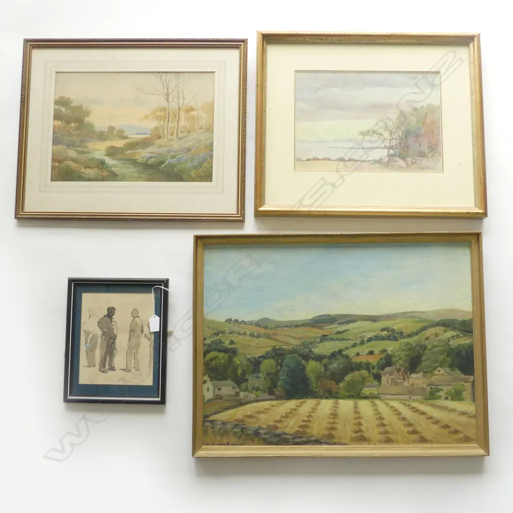 4 ARTWORKS: Arthur Briscoe ink sketch 'Conversation' + 2 W/C's + rural landscape oil Image 1++