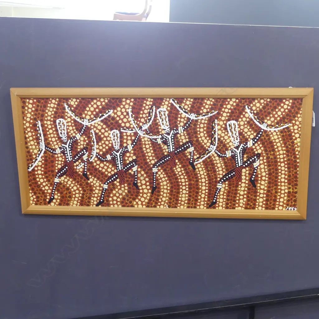IGGY JAPPURRULA, ABORIGINAL, DANCING ANCESTRAL FIGURES, ACRYLIC ON CANVAS, 265 X 640mm Image 1++