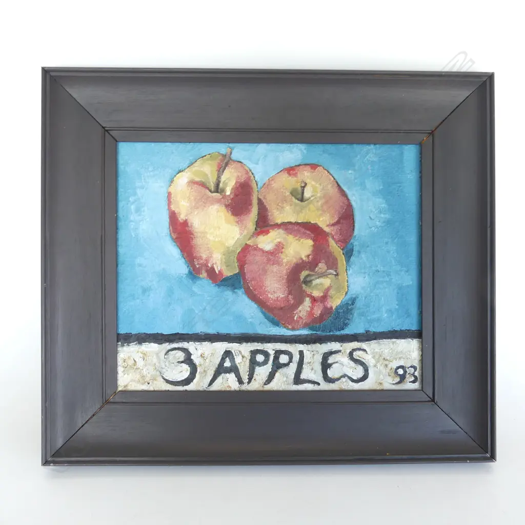 VIKY GARDEN, 'STILL LIFE w 3 APPLES', OIL ON BOARD, 250 x 300mm signed & dated '93 Image 1++