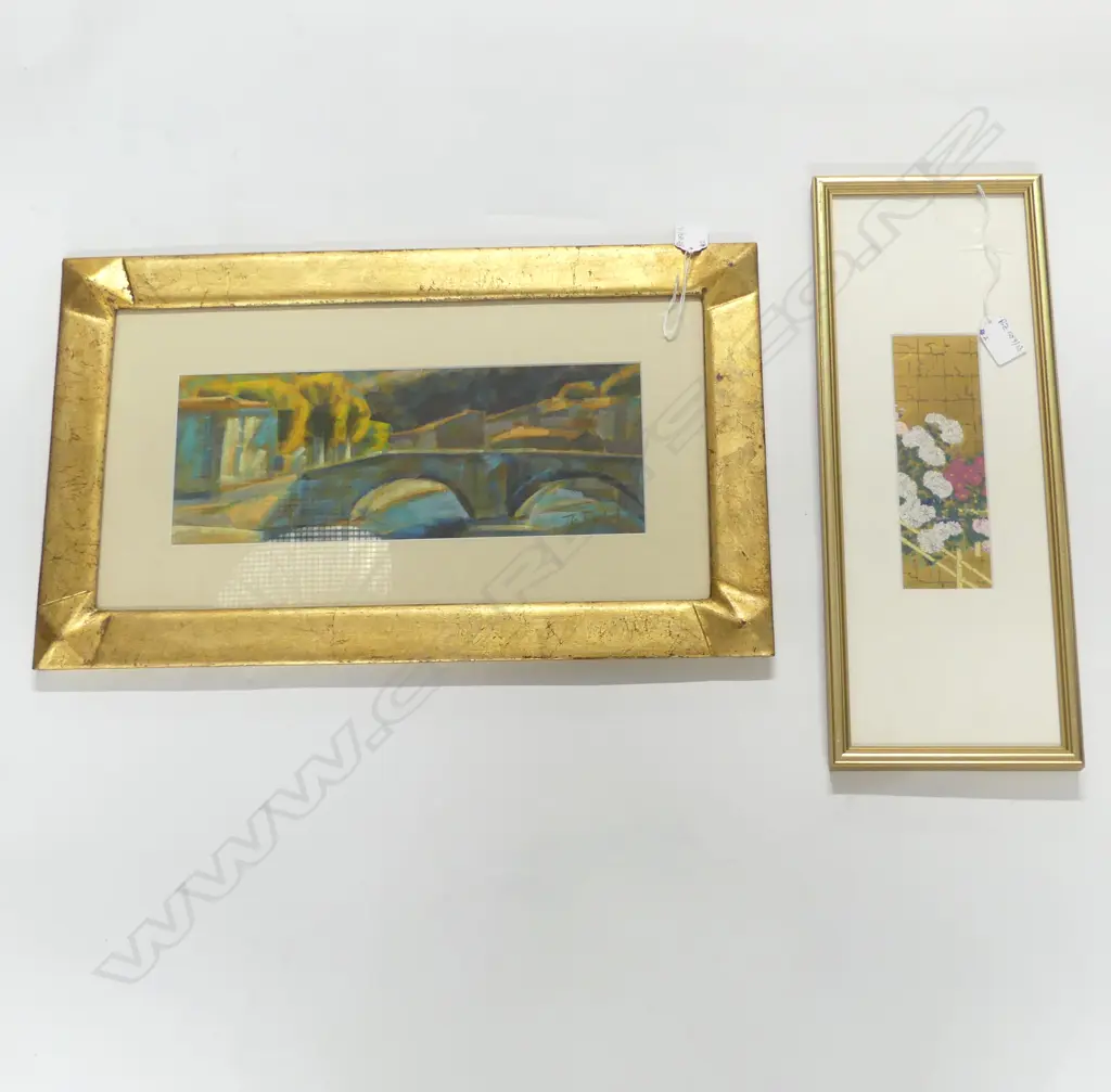 20thC JAPANESE CHRYSANTHEMUMS PRINT 190x60mm, THIERRY BEDEL 'VIEW OF SAUVE STH FRANCE' PASTEL 130x335mm Image 1++