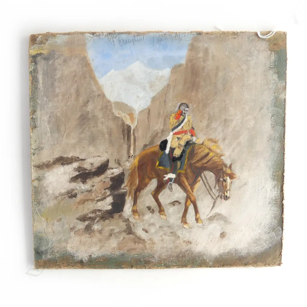 late 19thC OIL ON BOARD SOLDIER ON HORSE BACK in remote valley 240 x 255mm. Unsigned Image 1++