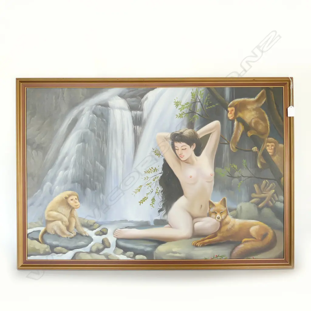 LG ASIAN NUDE BY WATERFALL w. MONKEYS, OIL ON BOARD, 600x900mm Image 1++