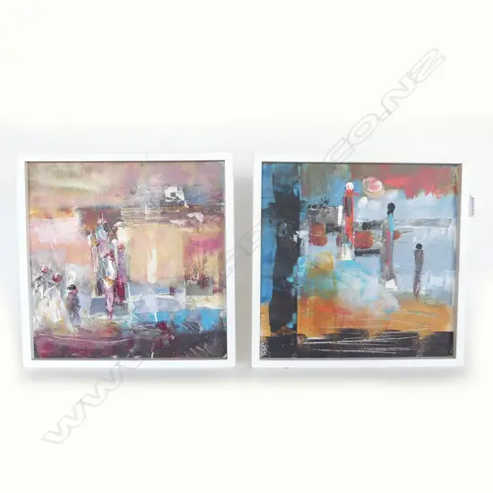 2 INEZ KOLFF ARTWORKS 'ONE MUST GO THROUGH WATER' & 'SACRIFICE TO THE ANCESTORS' ACRYLIC / COLLAGE ON ON BOARD 300x300mm