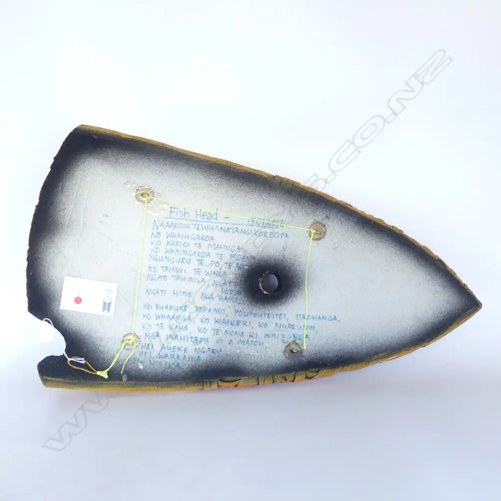 AARON KEREOPA, 'FISH HEADS (UPOKO)', CARVED SURF BOARD & ACRYLIC PAINT, 800 x 440mm, detail & dated 2016 verso Image 1++