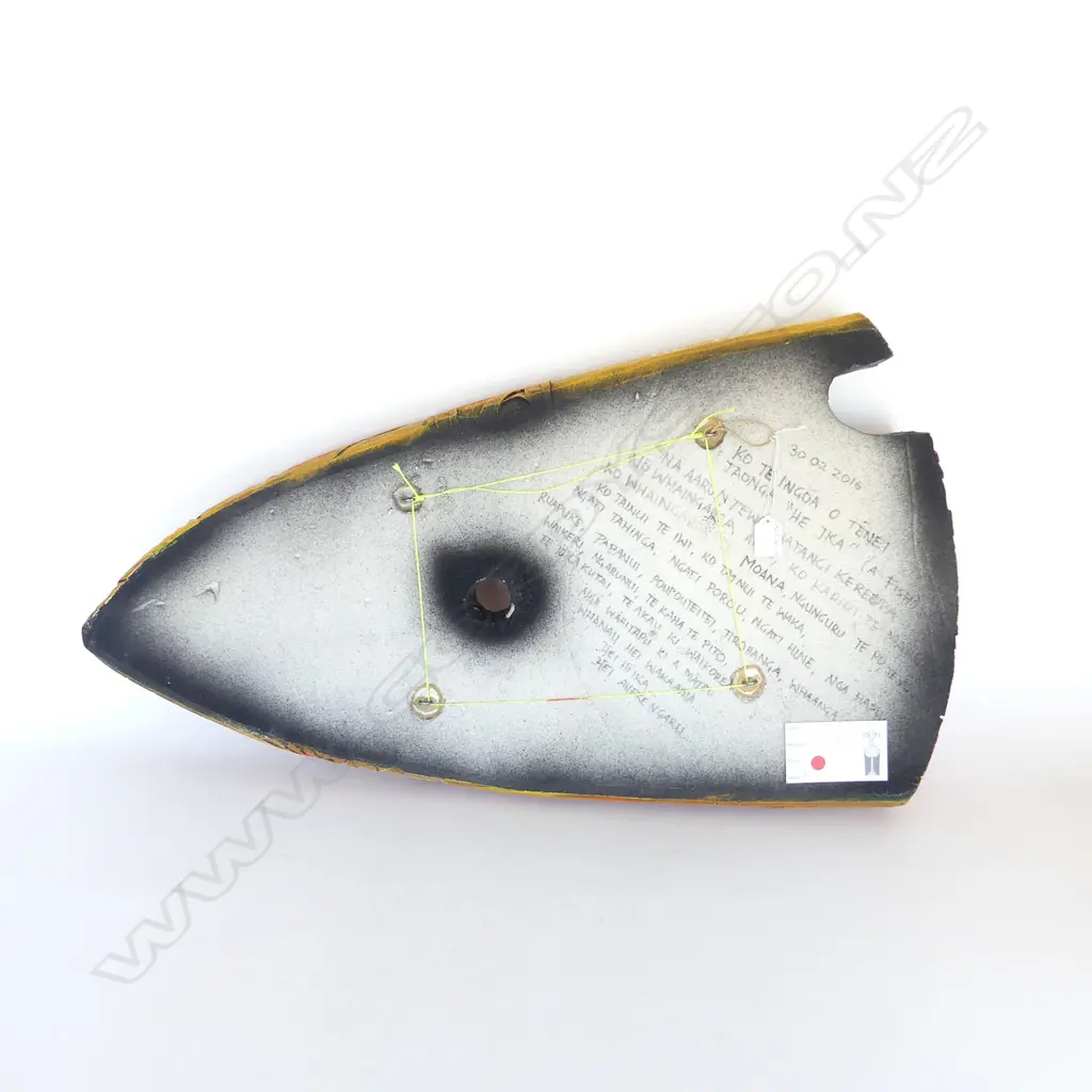 AARON KEREOPA, 'FISH HEADS (HE IKA)', SURF BOARD & ACRYLIC PAINT, 800 x 440mm, detail & dated 2016 verso Image 1++