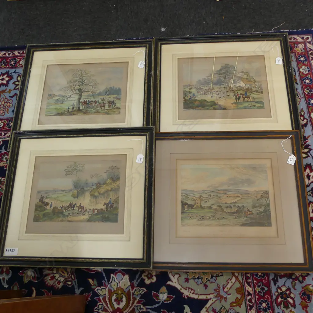 4 FRAMED HUNTING PRINTS. 'MEETING' 'FOX BREAKING COVER'  'FULLCRY' & ' FOX RUN  TO EARTH'  FRAMED SIZE (ALL) 520X580mm Image 1++