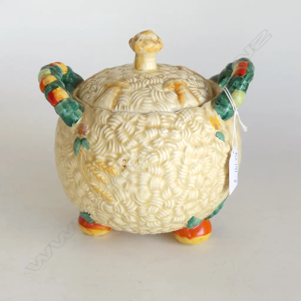 LARGE CLARICE CLIFF SUGAR BOWL TW HANDLED HARVEST PATTERN 90X150X170mm Image 1++