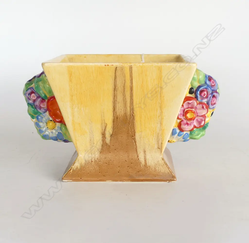 CLARICE CLIFF MY GARDEN ANGULAR VASE WITH A DELECIA RUNNING GLAZE. 200X120X125mm Image 1++
