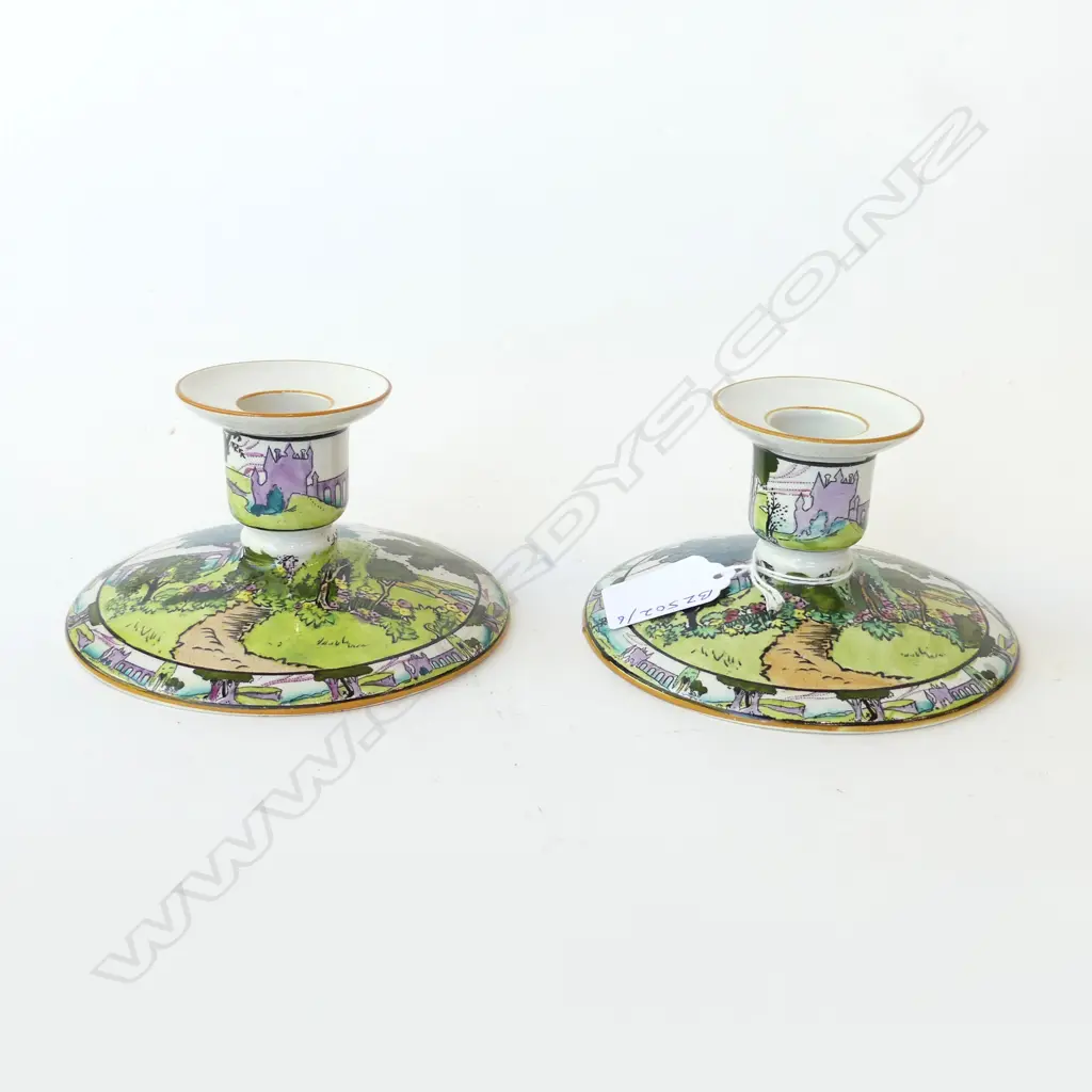 PAIR OF GRIMWADES “FAIRY CASTLES” CANDLESTICKS C.1920’S STOKE-ON-TRENT EXCELLENT CONDITION D.120MM Image 1++