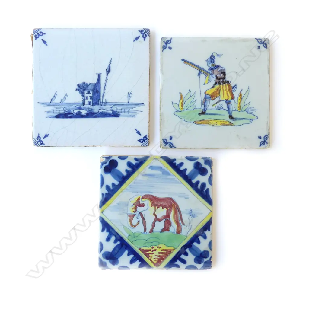 THREE ANTIQUE DELFT POLYCHROME SANDY BACK TILES POSSIBLY 17TH CENTURY L.120MM-130MM Image 1++