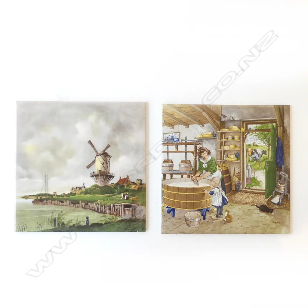 TWO VINTAGE DUTCH TILES WINDMILL & CHEESEMAKING BY ROYAL MOSA HOLLAND 15CM SQ Image 1++