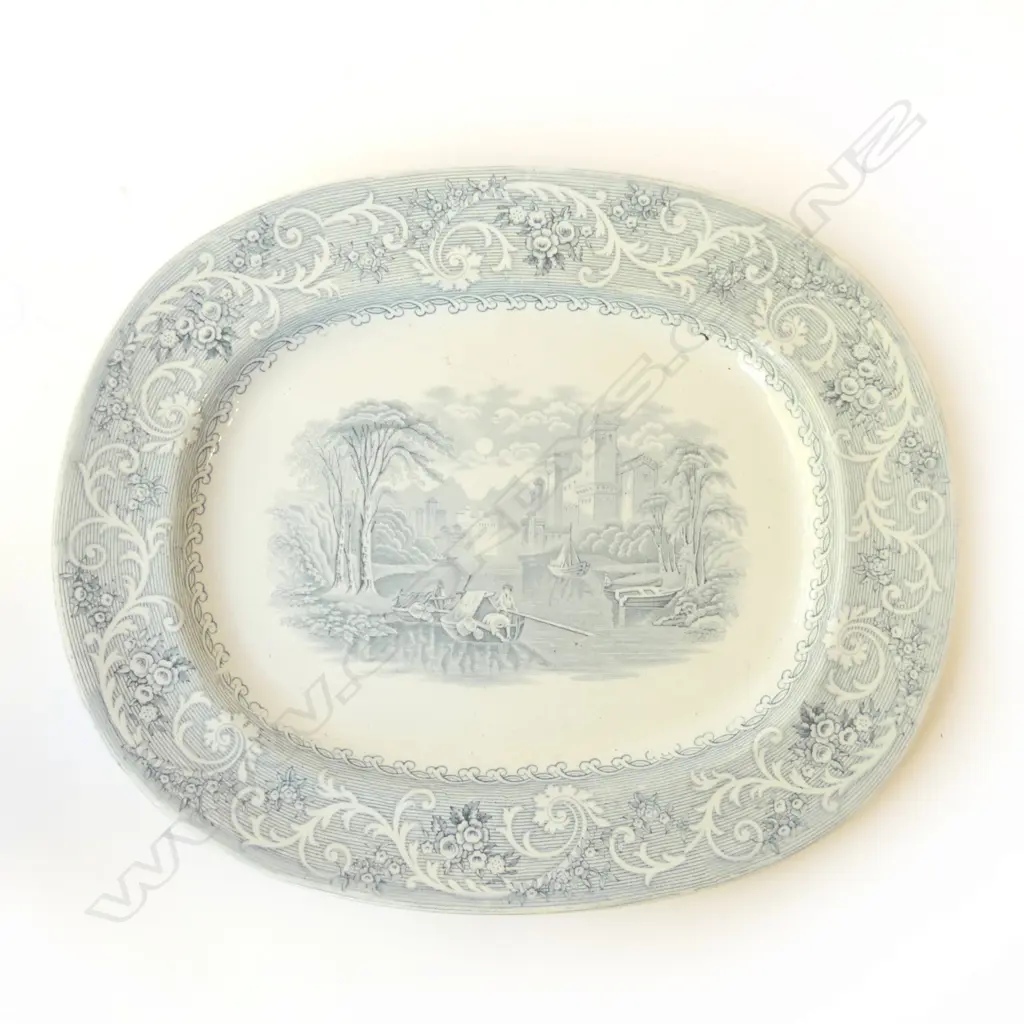 VICTORIAN STAFFORDSHIRE PLATTER BLUE TRANSFER “RHINE” PATTERN L.335MM Image 1++